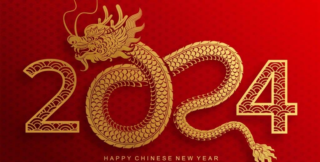 Happy chinese new year 2024 the dragon zodiac sign with flower,lantern,asian elements gold paper cut style on color background.